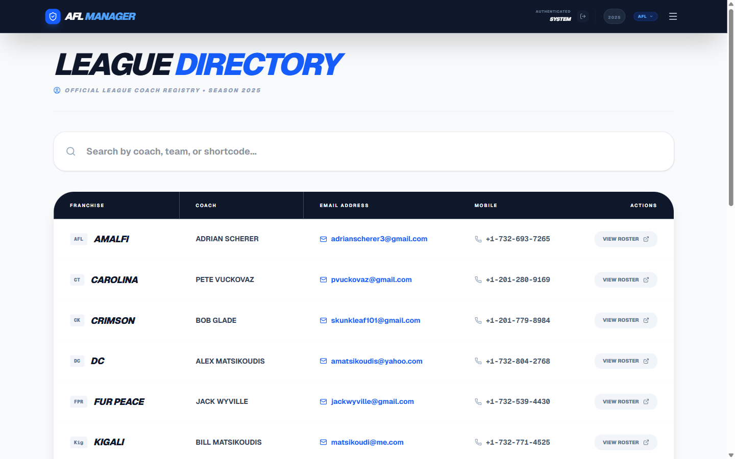 League Directory Page