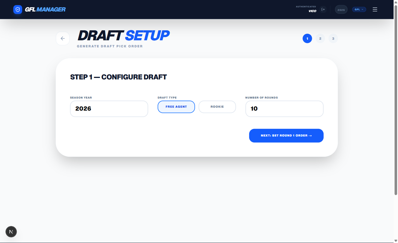 Draft Setup Wizard — Step 1