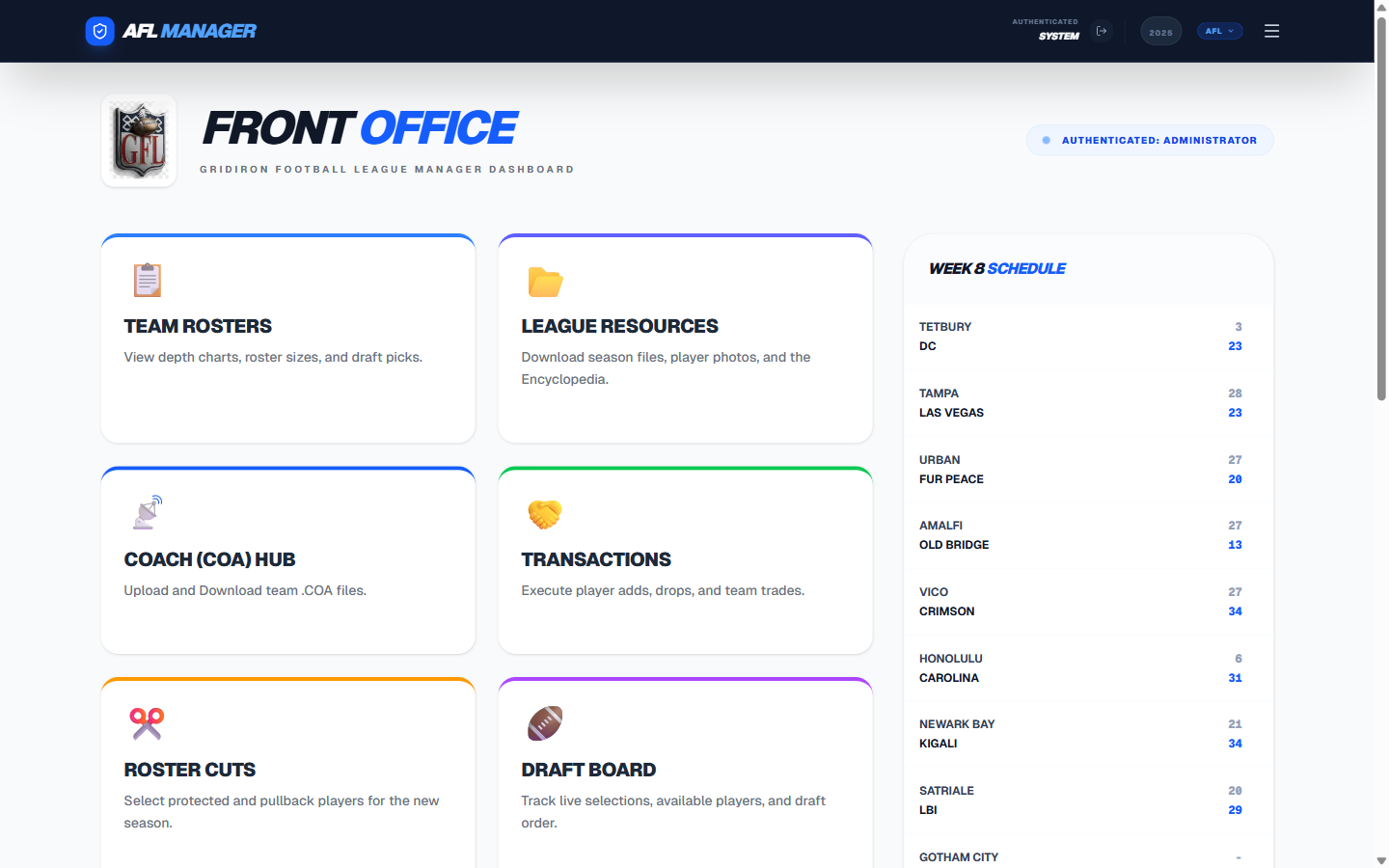 AFL Front Office Home Page