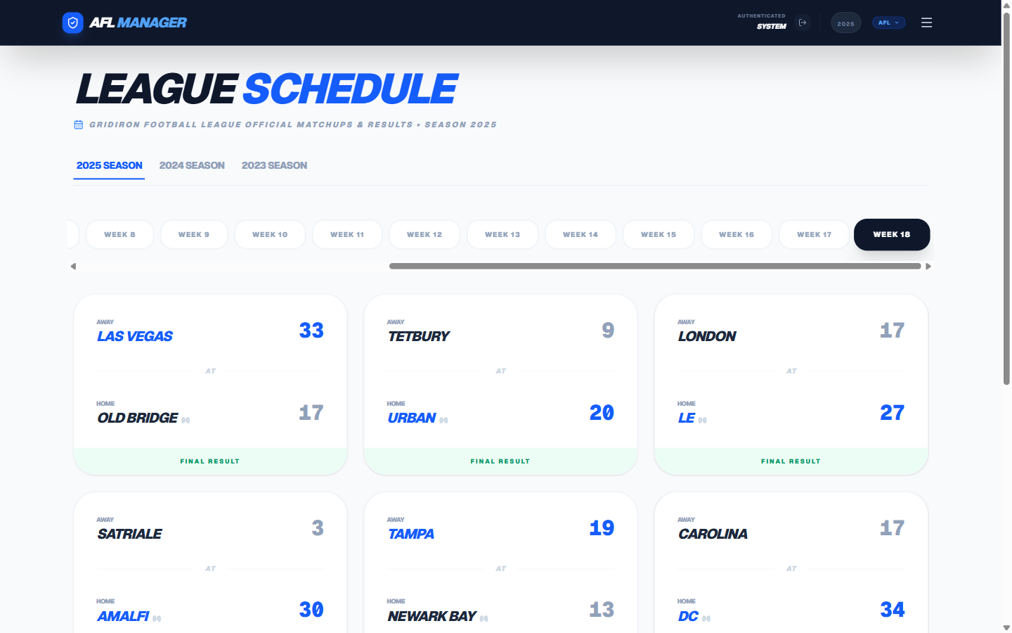 League Schedule Page