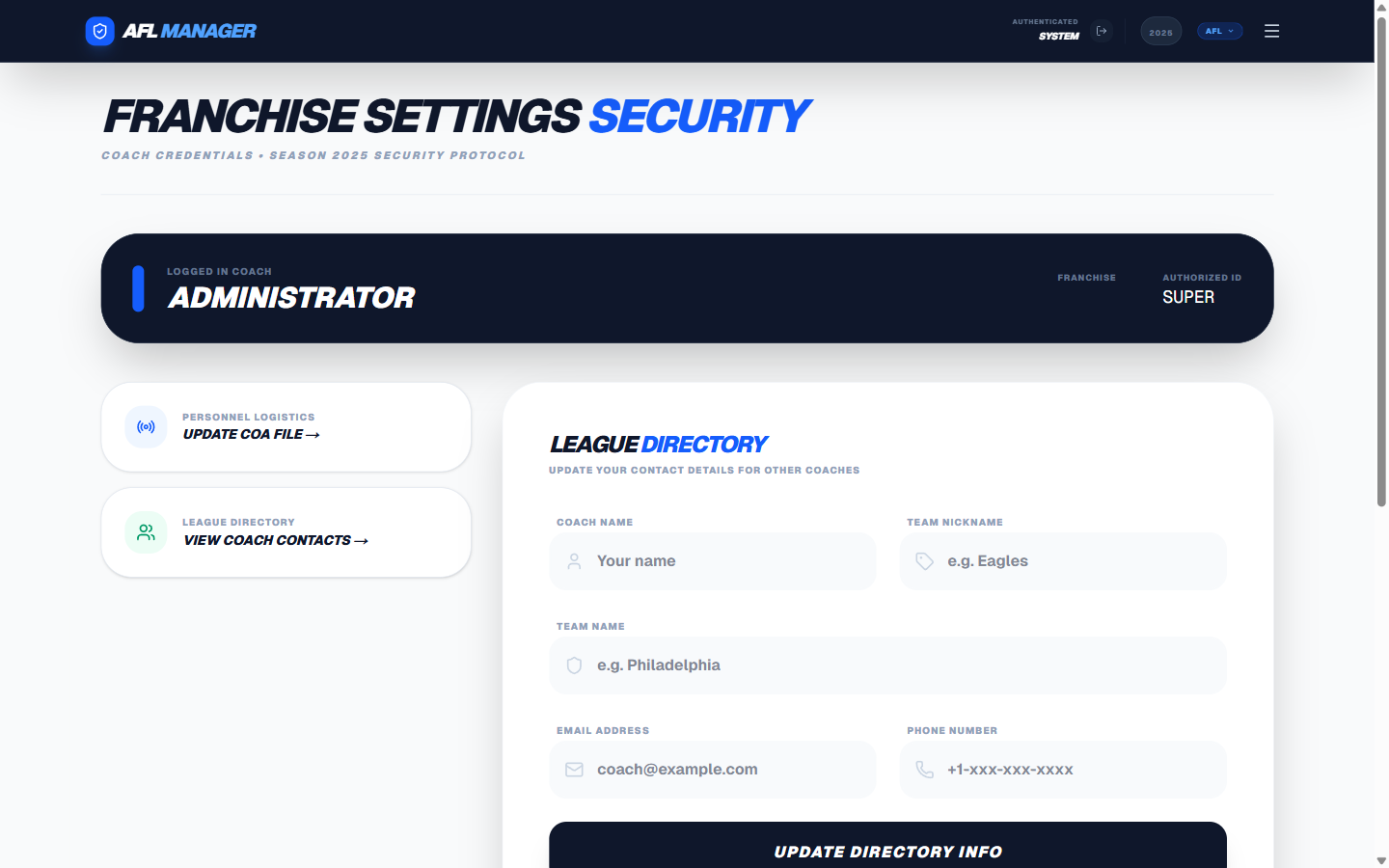 Franchise Settings Page