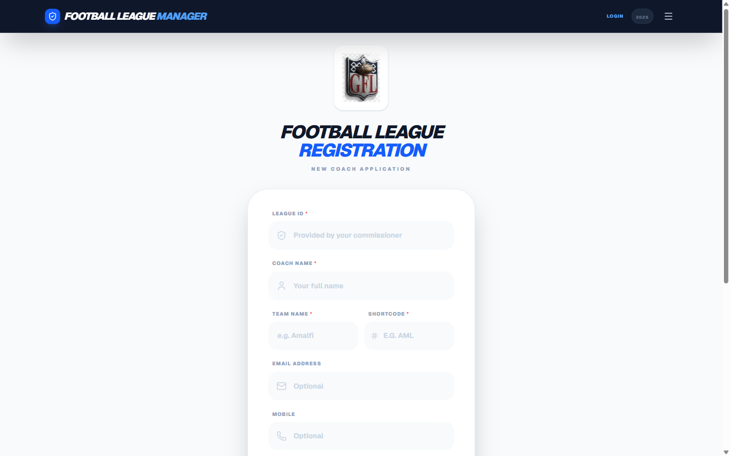 AFL Front Office Registration Page
